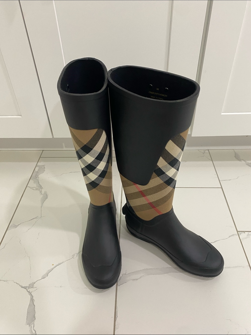 Burberry Black and Tan Check Tall Rain Boots - Picture 5 of 6